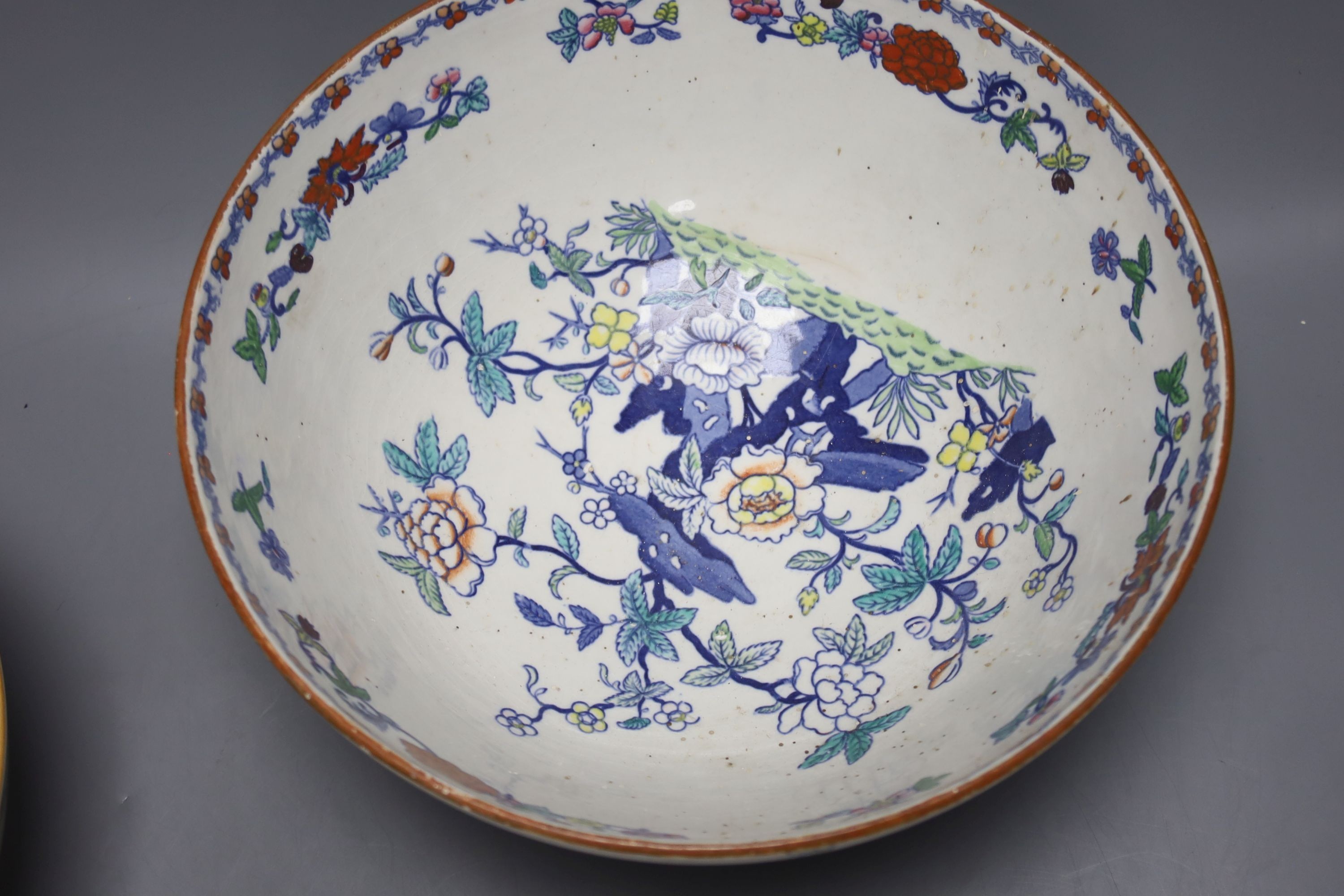 A group of 19th century ironstone ceramics to include Masons plates, Hydra jugs, two bowls, largest 29.5cm and another jug